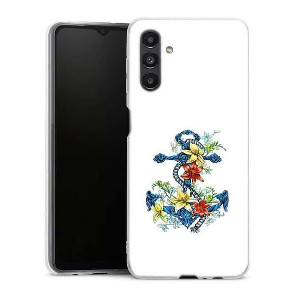 Coque Samsung Galaxy A04S ancre bleu avec illustration de lis du jour